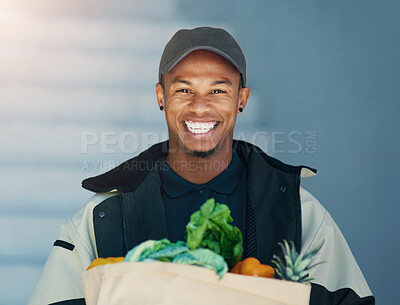 Buy stock photo Happy, portrait and delivery man at door with groceries for online shopping bag, distribution and transport service. Supermarket, food package and courier with order, vegetables and smile in home.