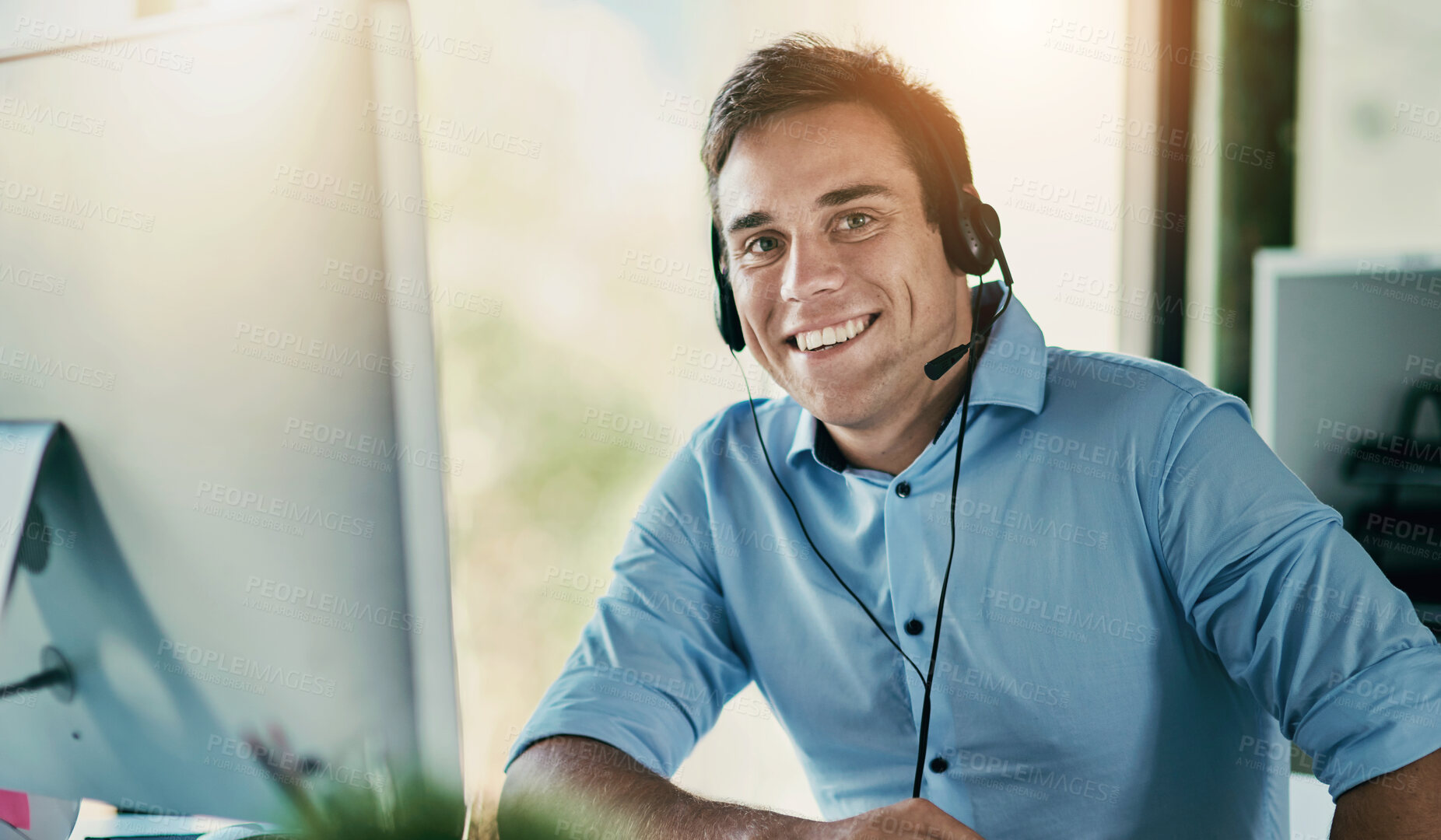 Buy stock photo Customer service, confidence and portrait of happy man with headset virtual assistant consulting at help desk. Phone call, conversation and advice at callcenter for telemarketing, sales or support