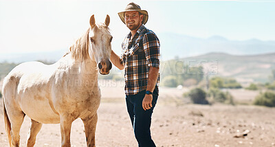 Buy stock photo Portrait, farmer and man with horse, ranch and sunshine with nature, happiness and smile. Summer, person and outdoor with guy, animal and equestrian with joy, countryside and pet with environment