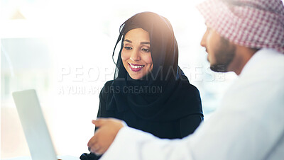 Buy stock photo Muslim, people and coworking teamwork in office and mentor help with project on laptop in Qatar. Arab, woman and man in business training or learning software for collaboration or professional advice