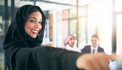 Buy stock photo Business people, office or Muslim woman with presentation, teamwork or coaching with brainstorming. Staff, group or employees with financial seminar, meeting or Islamic person with corporate training