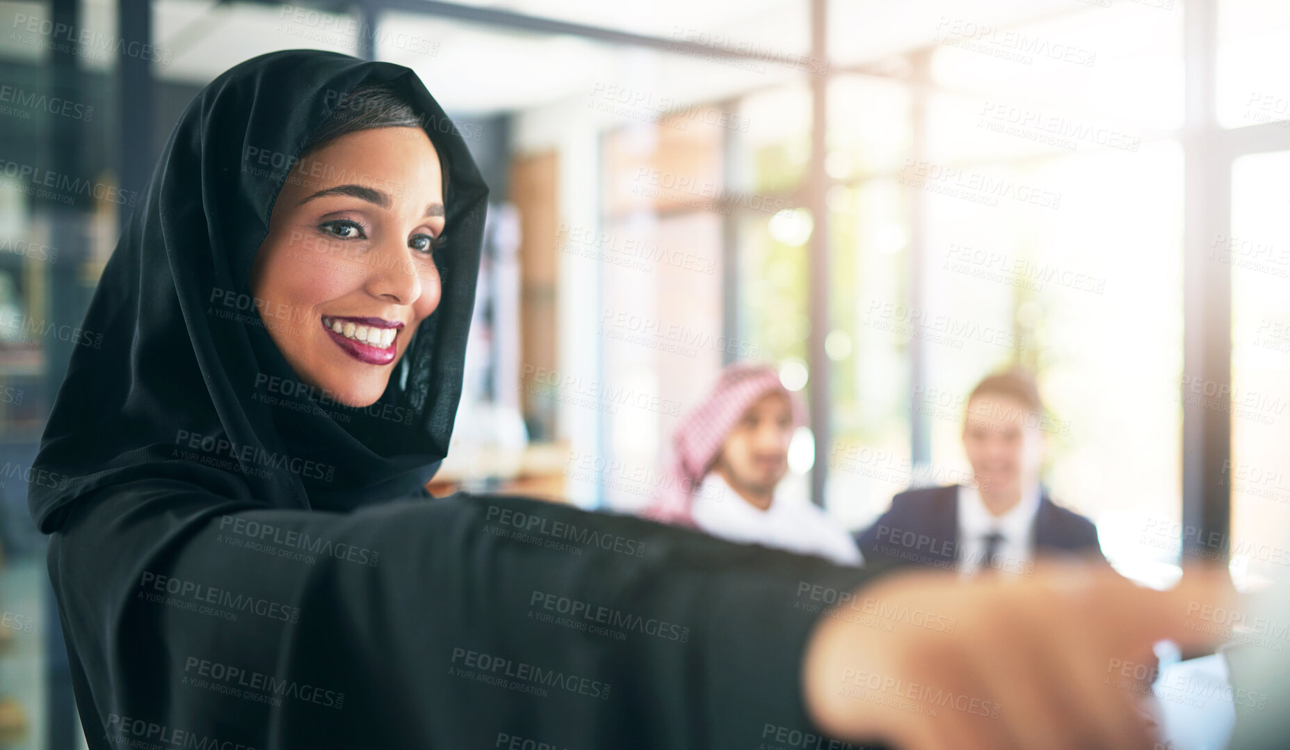 Buy stock photo Business people, office or Muslim woman with presentation, teamwork or coaching with brainstorming. Staff, group or employees with financial seminar, meeting or Islamic person with corporate training