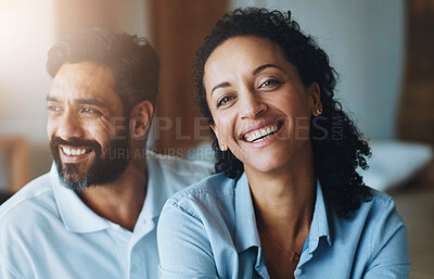 Buy stock photo Couple, home and calm in portrait for relax with partner, happiness or memory with bonding. Man, thinking and woman with smile in house and together for relationship, idea or planning for future