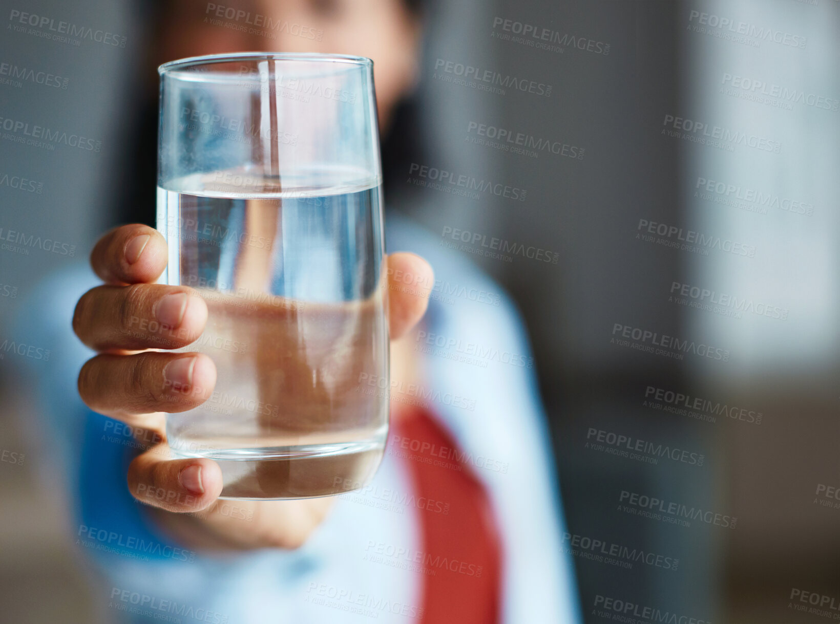 Buy stock photo Drinking water, glass and hydration for health, wellness or medication as home nurse for diet or refreshment. Female person, nutrition and balance as care giver in healthcare for detox or skincare