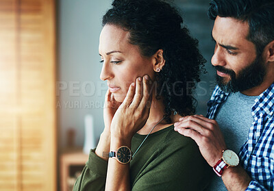 Buy stock photo Couple, depression and grief with heartbreak for cheating in marriage with infidelity, affair and deception. Unfaithful, reassurance or peaceful conflict resolution with communication for trust.