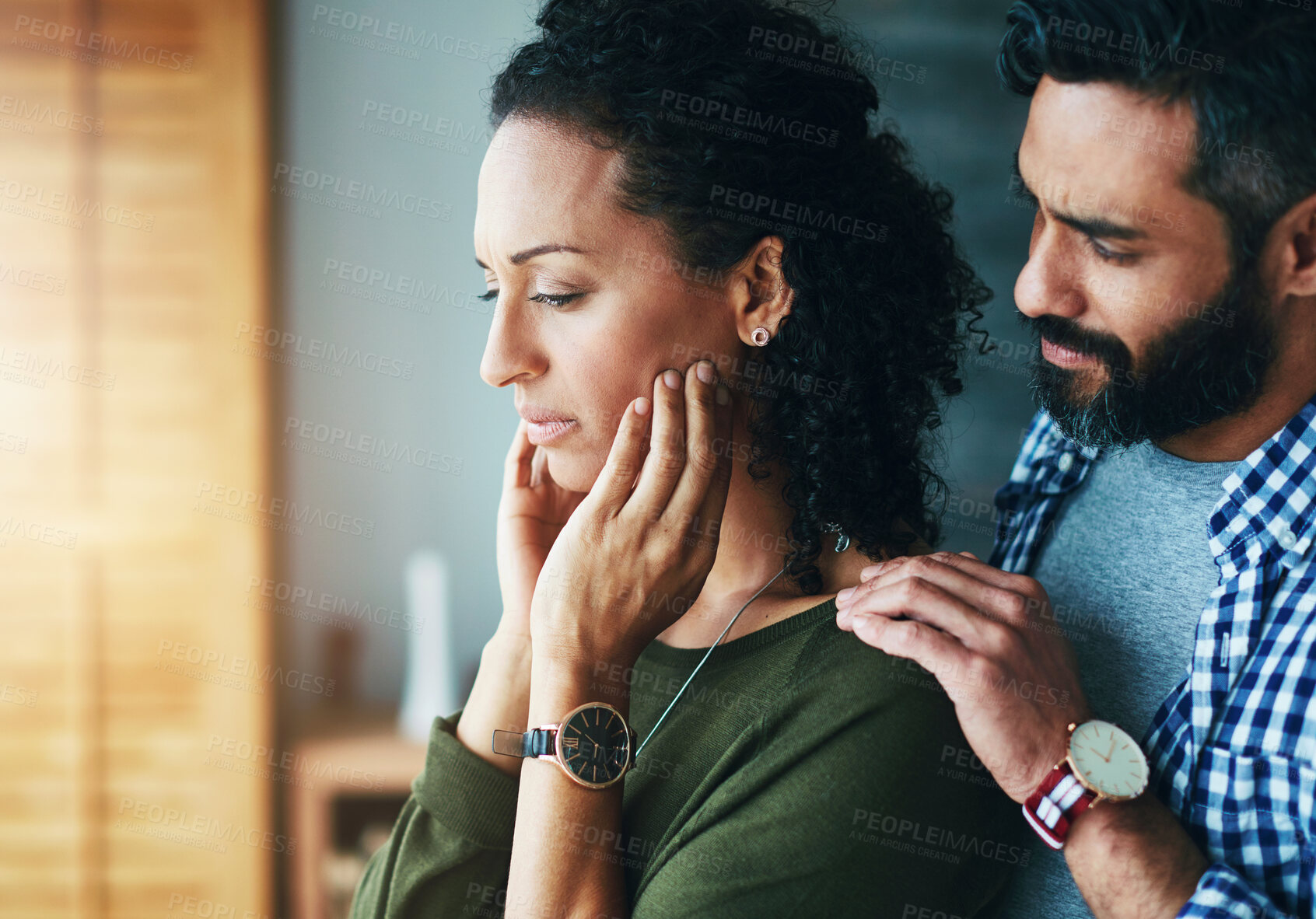 Buy stock photo Couple, depression and grief with heartbreak for cheating in marriage with infidelity, affair and deception. Unfaithful, reassurance or peaceful conflict resolution with communication for trust.