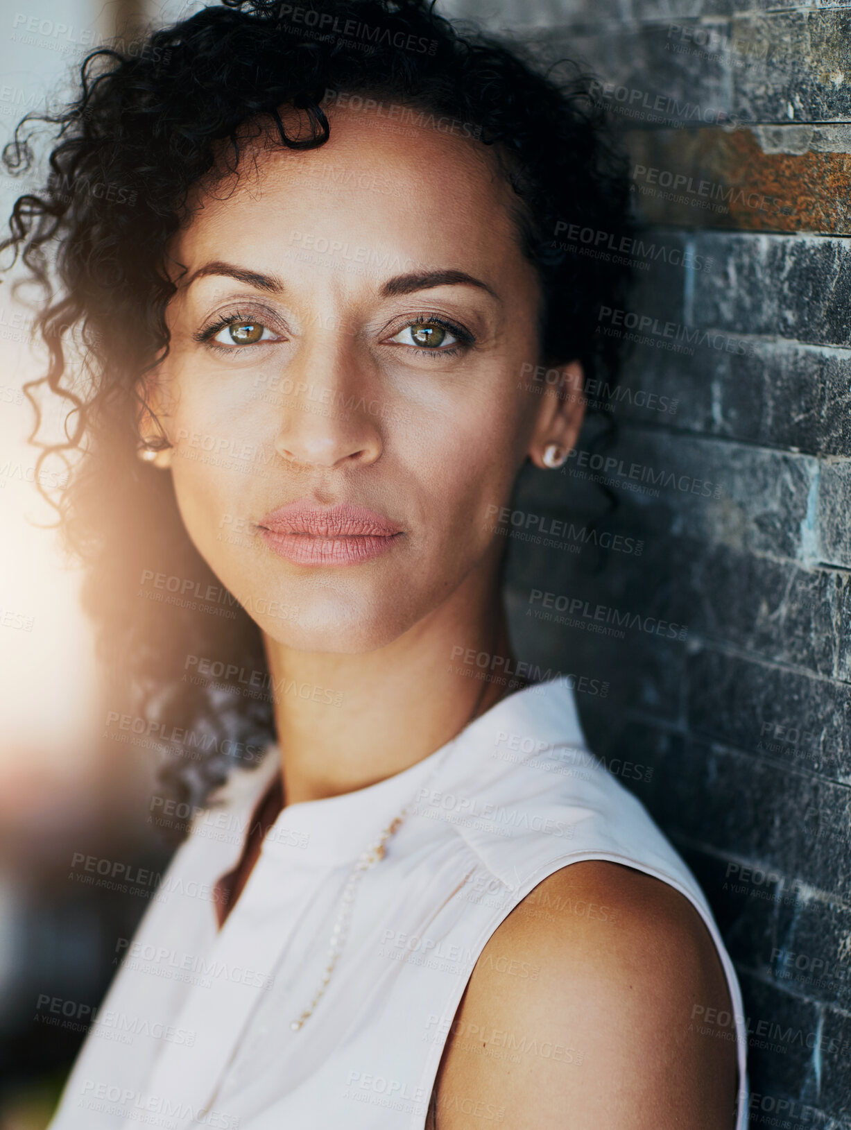 Buy stock photo African woman, makeup and portrait on brick wall for beauty,   cosmetics or aesthetics for wellness. Female person, backdrop and skincare with eyeliner for business, corporate career in New York City
