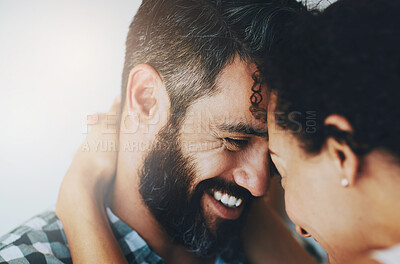 Buy stock photo Happy, marriage and love of couple in home, commitment and bonding with embrace, smile and trust. Morning, woman and man with hug for romance, together and moment of care and support in house