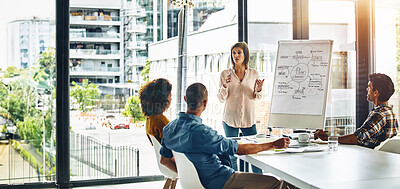 Buy stock photo Meeting, whiteboard and workshop with business woman speaking to staff in boardroom of office. Coaching, teaching and training with employee talking to team in workplace for development or growth