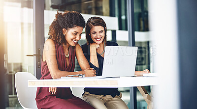 Buy stock photo Computer, happy team and business women planning, discussion or brainstorming creative ideas in startup office. Laptop, smile or collaboration on project strategy, meeting or editor training online