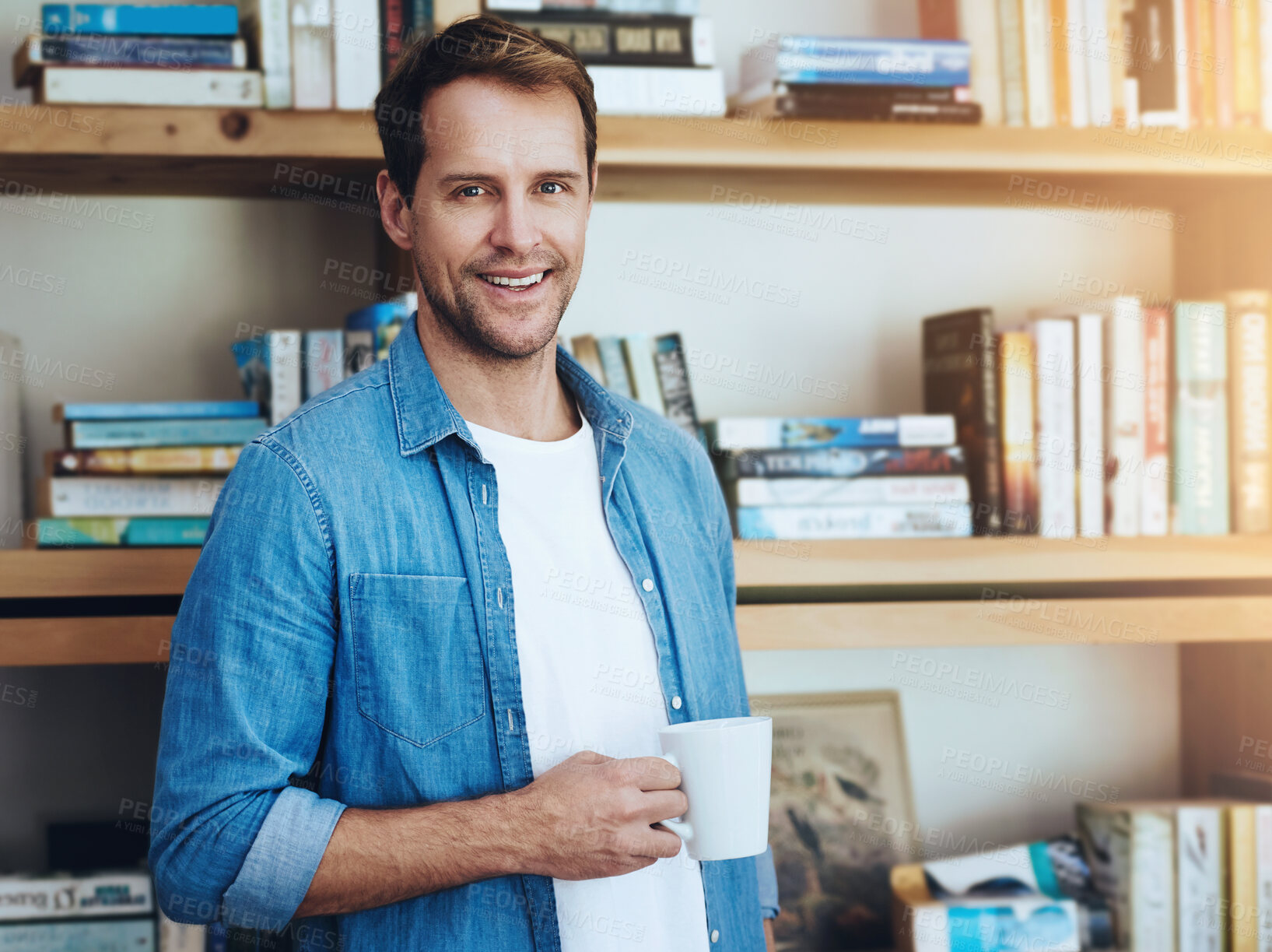 Buy stock photo Portrait, home office and man with coffee, smile and researcher with project, white mug and relaxing. Face, happy person and reader in study, morning tea and espresso in cup, cappuccino and bookshelf