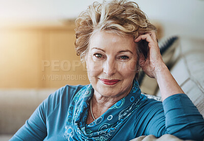 Buy stock photo Senior woman, home and sofa in portrait for relax with retirement, beauty glow with cosmetics. Female person, living room and couch with smile for wellness, makeup and aesthetics for pensioner