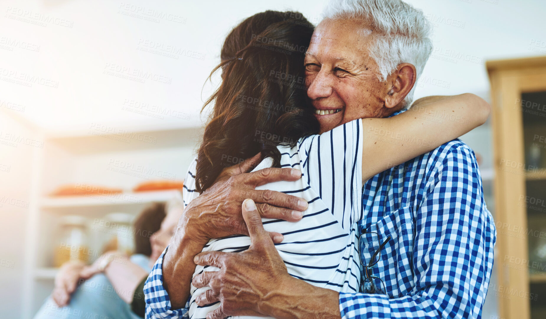 Buy stock photo Senior, father and woman hug in home with love, care and support in retirement from family. Elderly, man and embrace dad at reunion on holiday, vacation or person with happiness and kindness in house