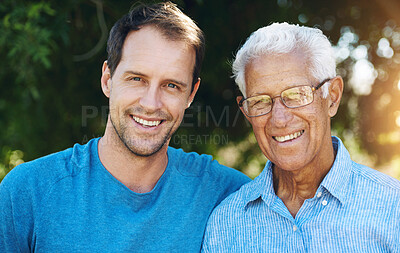 Buy stock photo Happy man and senior father in portrait together outdoor for love embrace on holiday or retirement. Family, granpa and male person with smile for bonding, care and support for elderly father 