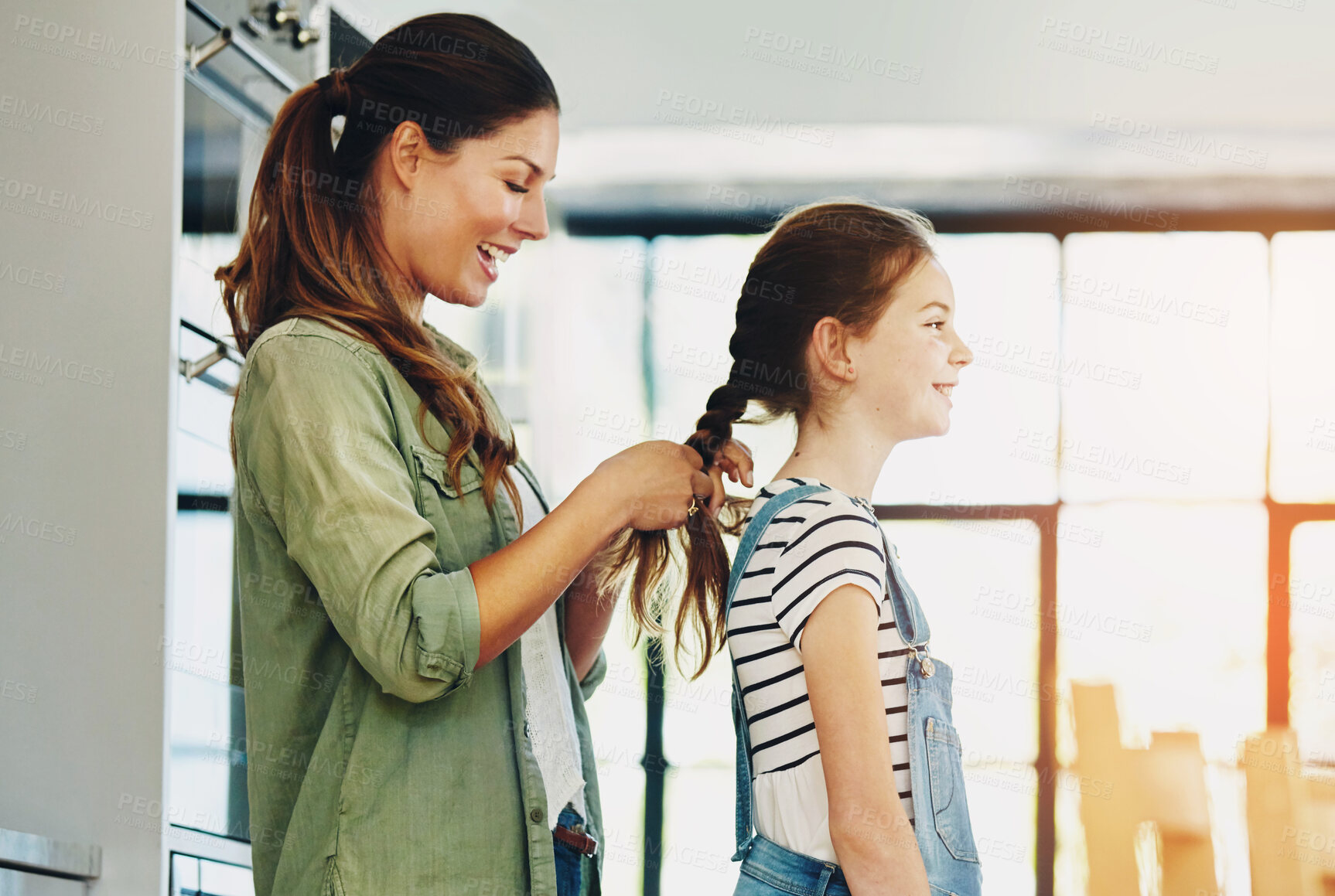 Buy stock photo Happy family, woman and daughter in hair care with bonding, affection and trust in home for memory as preteen. Cheerful mom, girl and cute for love, support and childhood development on mother's day