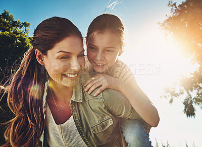 Buy stock photo Mother, child and nature for piggy back with smile, bonding on vacation in Australia. Woman, girl and happiness for freedom, family or development in outdoor, cheerful and backyard park with sunshine