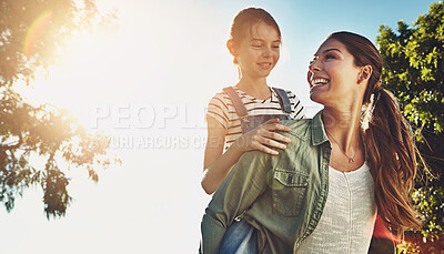 Buy stock photo Mom, girl and piggyback in park, happy and bonding with love in sunshine on holiday with memory. Family, mother and daughter with smile, connection or play on outdoor adventure in garden on vacation