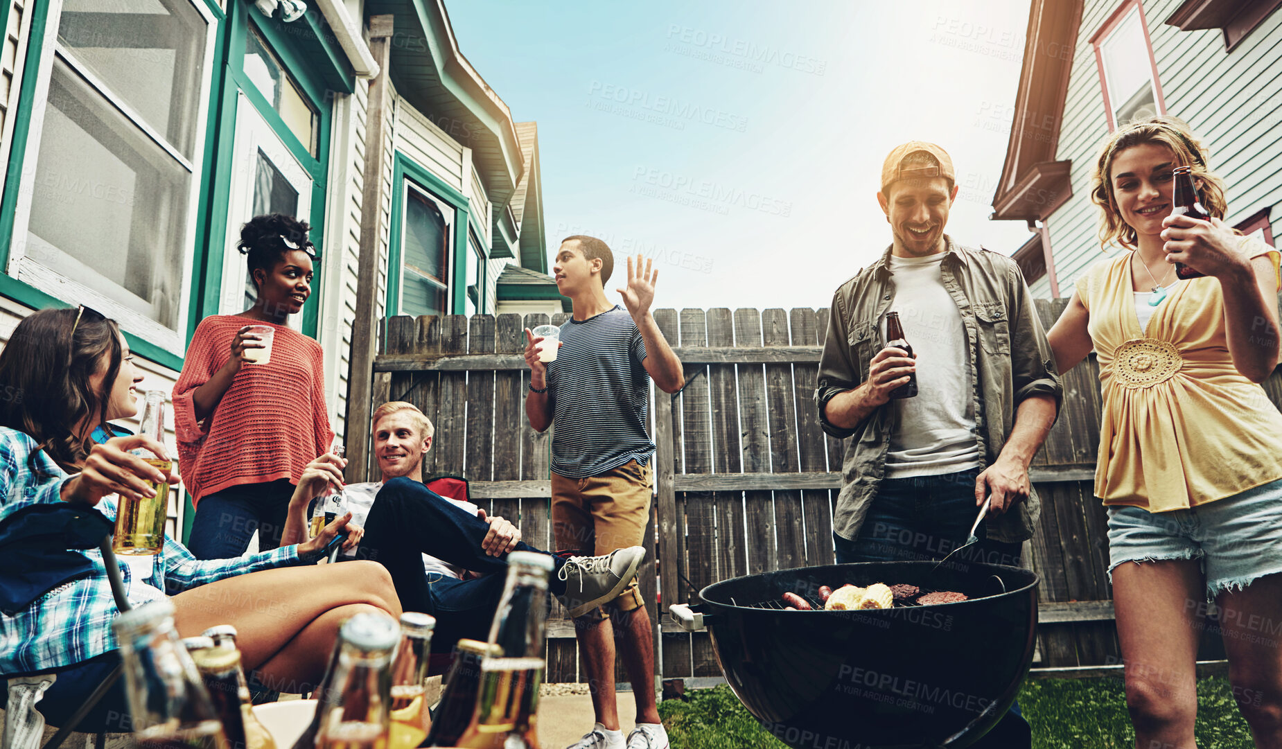 Buy stock photo Friends, barbecue and party in backyard with group, diversity and cooking meat on fire in summer. Students, men and women with beer, drink and relax with food, bbq and outdoor on holiday in Australia