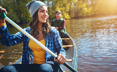 Buy stock photo Lake, canoe and couple with nature, summer and hobby with vacation, happiness and getaway trip. River, man and woman with activity, honeymoon and travel with adventure, journey and bonding together