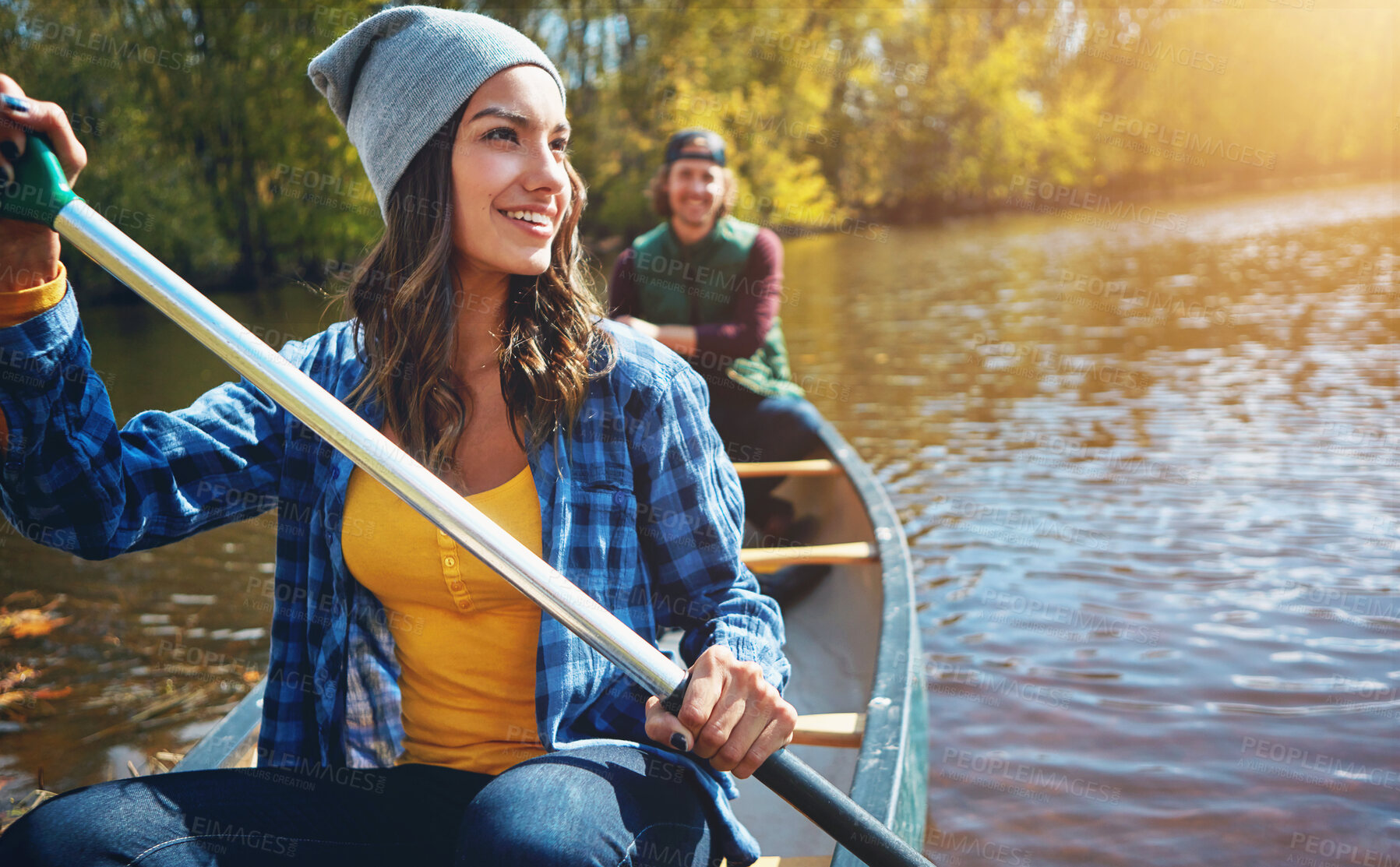 Buy stock photo Lake, canoe and couple with nature, summer and hobby with vacation, happiness and getaway trip. River, man and woman with activity, honeymoon and travel with adventure, journey and bonding together