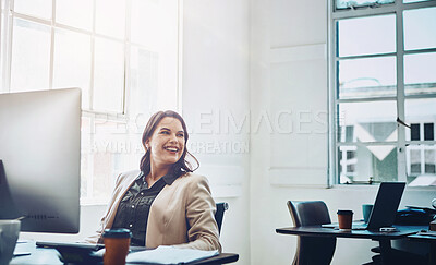 Buy stock photo Business, woman and happy by computer in office for contact us, crm and faq by desk at workplace. Professional, employee and consultant with pc at workspace for client advice, communication and smile