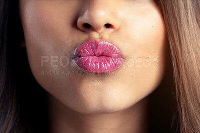 Buy stock photo Woman, zoom and kiss with lipstick for beauty or aesthetics, gloss or shine with makeup. Female person, glow and pink mouth for cosmetics with transformation, wellness with treatment in New York City