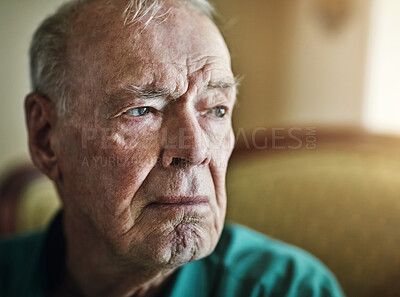 Buy stock photo Elderly, man and thinking with depression for memory in retirement home with remember, nostalgia or reflection on sofa. Senior, person and sad with alzheimers, grief and thoughtful on couch or mockup