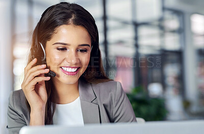 Buy stock photo Woman, call center and smile with consulting in office for customer service, communication and support. Headset, happy and agent with technology at work for ecommerce, telemarketing and inbound sales