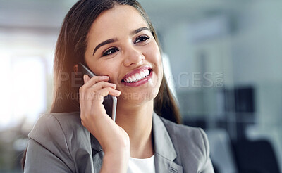 Buy stock photo Business, woman and thinking with phone call at work for contract negotiation and consulting financial investor. Professional, employee and smile with contact by desk for proposal feedback and review