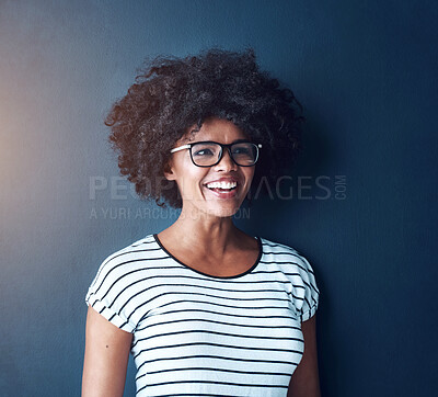 Buy stock photo Black woman, eyewear and happy for glasses as prescription with frame for eyesight, vision and confident. Blue background, female person and smile or excited for spectacles, lenses and service