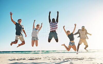 Buy stock photo Beach, diversity and group of friends jumping in sky for summer holiday with happiness, youth and excited. Ocean, multicultural and people in air for school reunion with memory, smile and energy