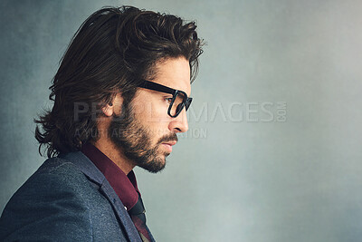 Buy stock photo Face, profile and thinking with man on studio gray background with space for decision or choice. Glasses, mockup and solution with business person in suit for contemplation or problem solving