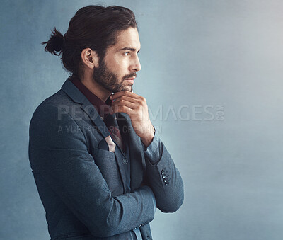 Buy stock photo Man, fashion and thinking for ideas for business in outfit, trendy and smart on studio backdrop. Male person, serious and decision with pride, jacket and tie for formal style for confidence in Spain