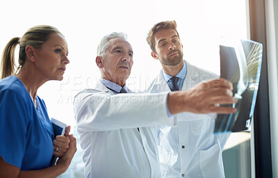 Buy stock photo Consulting, healthcare and x ray with team of doctors in hospital for diagnosis, discussion or radiology. Collaboration, meeting and medical with medicine professional group in clinic for analysis