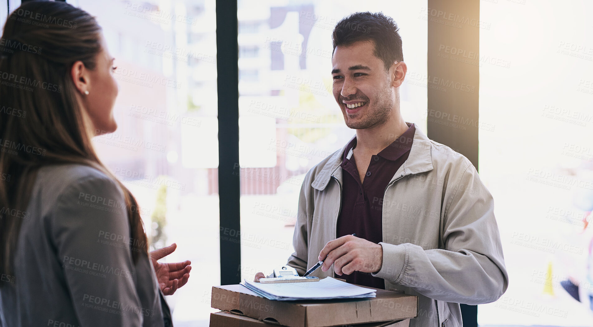 Buy stock photo Logistics, delivery man and woman or happy for package with paperwork, signature or distribution for online shopping. Ecommerce, customer and employee with cardboard boxes for supply chain or courier