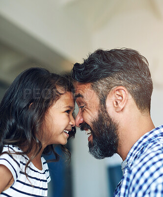 Buy stock photo Family, face together and father with child in home for bonding, love and relationship in living room. Parents, happy and dad with young girl in house for affection, embrace and relaxing on weekend