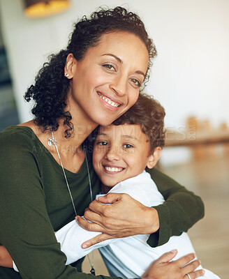 Buy stock photo Hug, mother and boy child in portrait together with smile for love, family and development at home for weekend break. Happy, woman and son embrace in house with care for resting, bonding and support