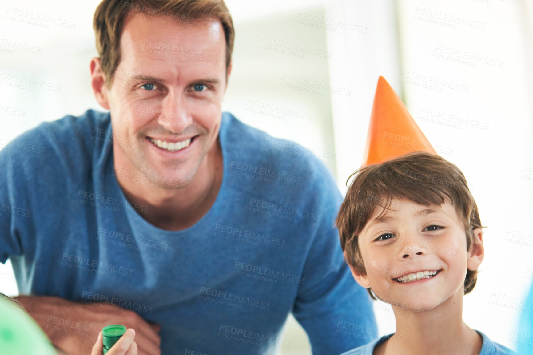 Buy stock photo Birthday, dad and child portrait in home with smile, celebration and party hat with happy family. Event, support and proud parent in a house with surprise and celebrating together with bonding