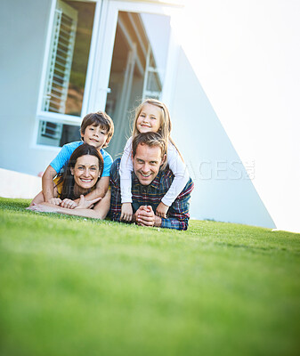 Buy stock photo Portrait of mother, father and children on grass for backyard for bonding, love and relationship. Happy, family and dad, mom and kids on lawn for playing, childhood and relax together on weekend