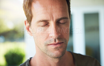 Buy stock photo Man, serious and eyes closed with relax outdoor for meditation, mindfulness and spiritual wellness in morning. Person, calm and zen with resting in home for fresh air, peaceful and mental health