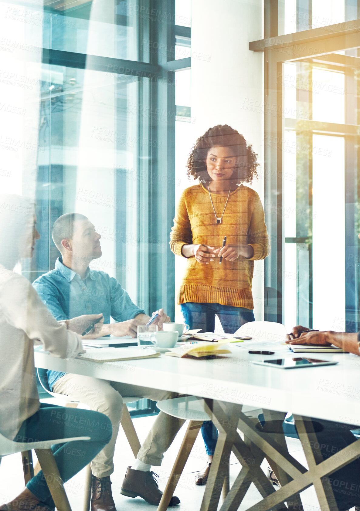 Buy stock photo Business people, woman and presentation in boardroom with discussion for company growth and financial training. Speaker, employee or meeting in conference room with collaboration on corporate project