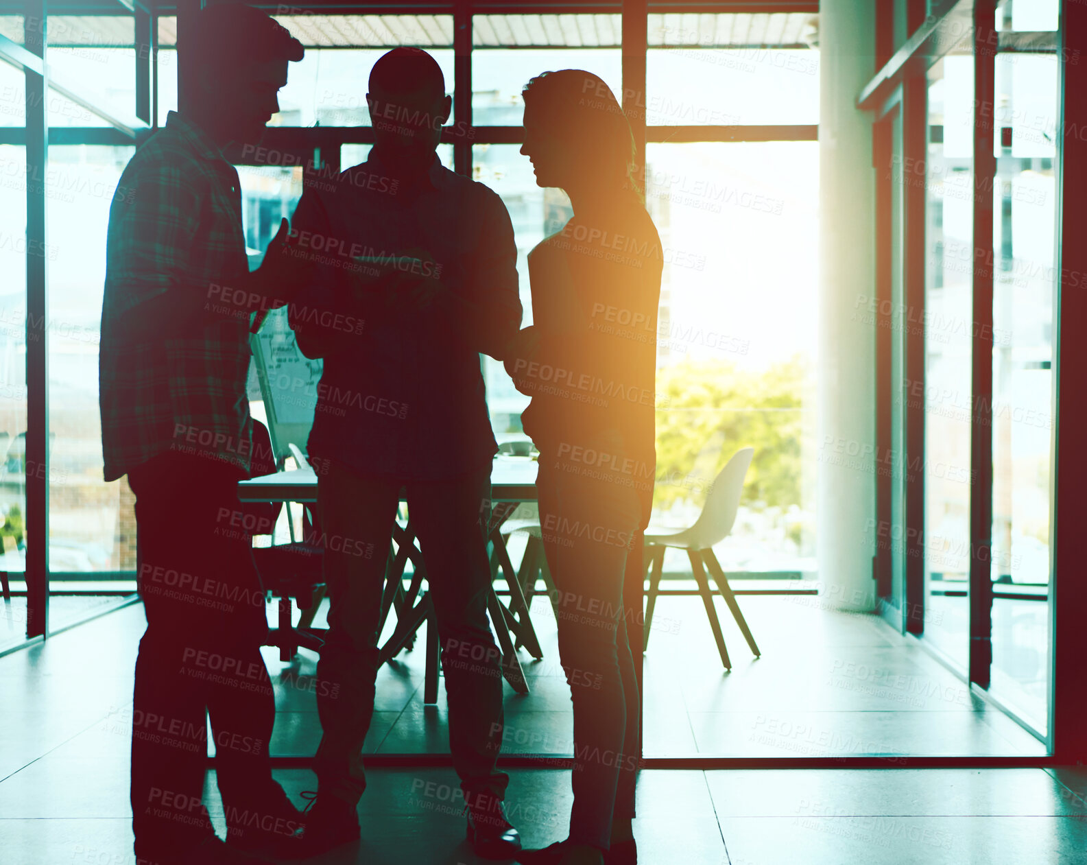 Buy stock photo Business people, office and silhouette with collaboration, teamwork and company communication. Meeting, staff and public relations employee with networking, conversation and lens flare at workplace