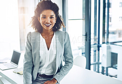 Buy stock photo Business woman, portrait and office with law intern with confidence and legal student work. Happy, smile and African labour attorney at a lawyer company with scholarship opportunity and job study