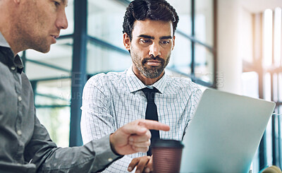 Buy stock photo Business people, man and mentor with laptop for training in office for HR introduction and startup briefing. Collaboration, employees and meeting with discussion for corporate review and feedback