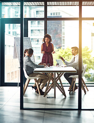 Buy stock photo Meeting, leadership and business woman in office with whiteboard presentation for data analytics, training and review. Teamwork, coaching and girl speaker with group for workshop, ideas or feedback