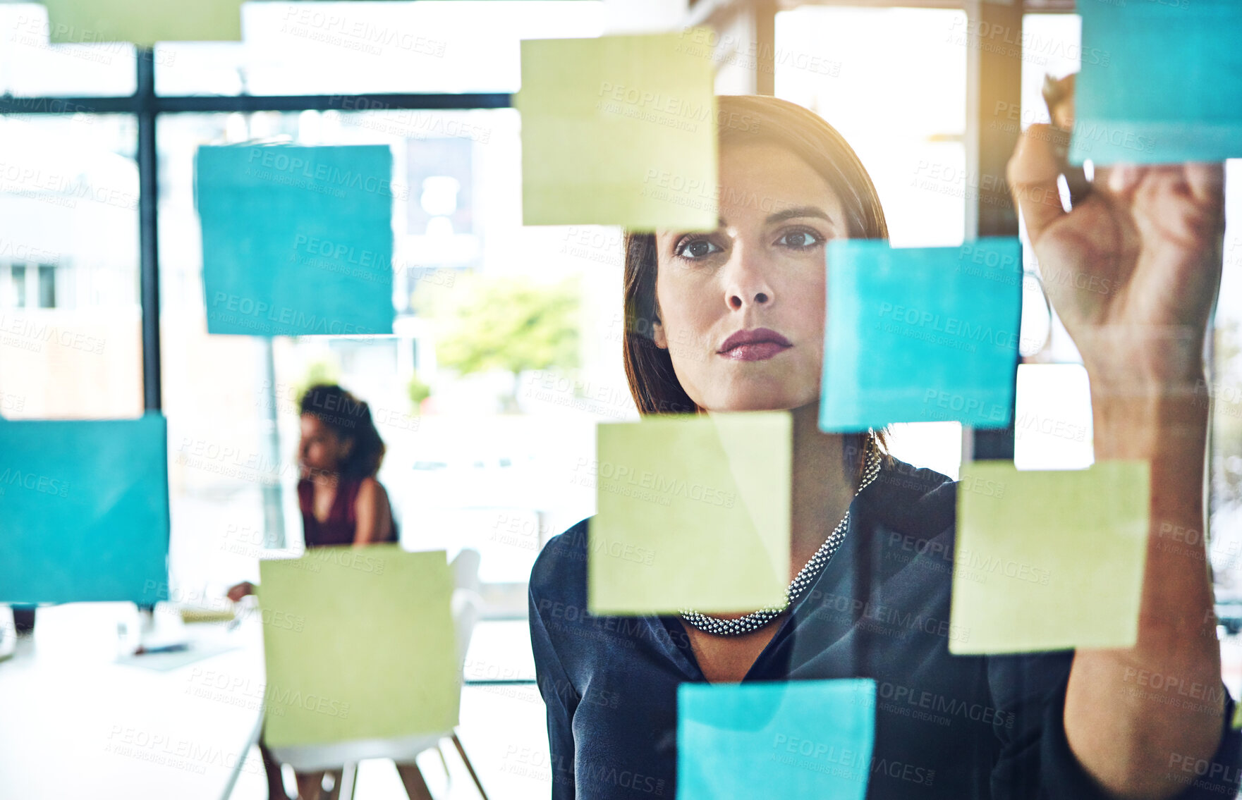 Buy stock photo Thinking, planning and business woman writing presentation sticky notes in office for schedule, goal or team calendar. Agenda, idea or leader for creative vision or research with storyboard mind map