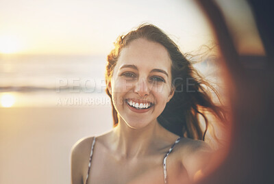 Buy stock photo Girl, portrait and selfie on beach with smile for memory, profile picture update or travel blog influencer on holiday. Woman, person and happy at ocean with pov, summer vacation and content creator