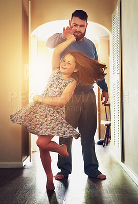 Buy stock photo Father, girl or dancing in home with spin for youth, growth or development with role model. Dad, happy dancer or playful in house for learning or bonding, superhero parent with hand for teaching move