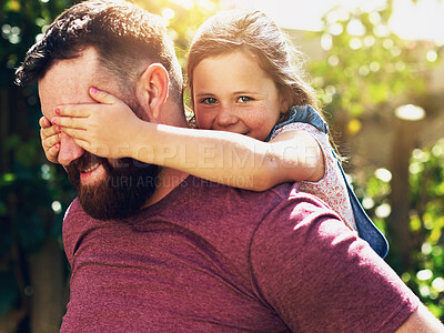 Buy stock photo Father, girl and piggyback or happy outside, together and man with child or playing eyes closed in park. Family, support and bonding with care on relax holiday, weekend and love with parent smile