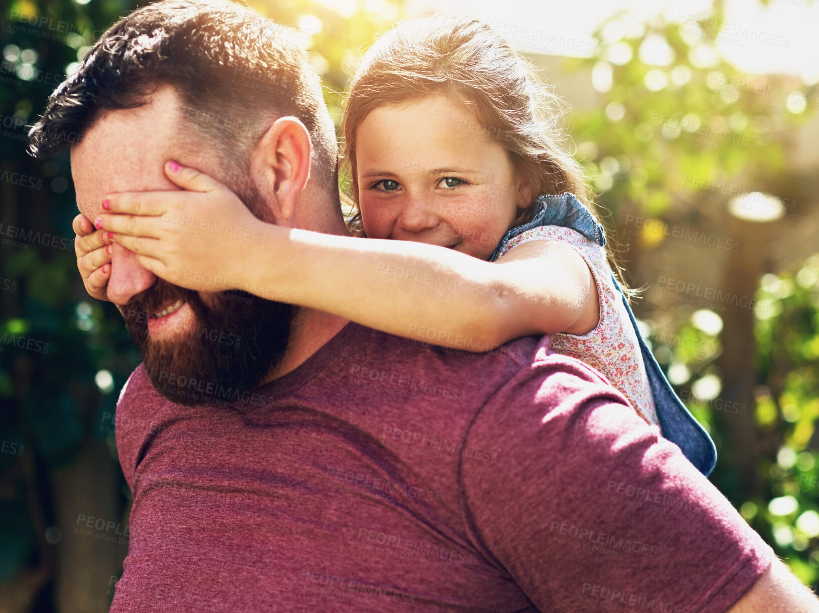 Buy stock photo Father, girl and piggyback or happy outside, together and man with child or playing eyes closed in park. Family, support and bonding with care on relax holiday, weekend and love with parent smile